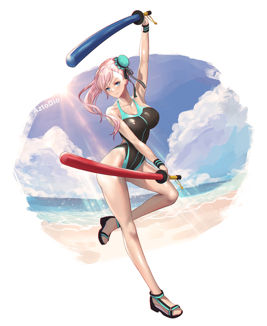 1girl asymmetrical_hair aztodio beach black_one-piece_swimsuit blue_eyes blue_one-piece_swimsuit blue_sky breasts cleavage cloud cloudy_sky commentary commentary_request competition_swimsuit day double_swords dual_wielding fate/grand_order fate_(series) hair_ornament highleg highleg_one-piece_swimsuit highres holding large_breasts long_hair looking_at_viewer miyamoto_musashi_(fate) miyamoto_musashi_(fate/grand_order) miyamoto_musashi_(swimsuit_berserker)_(fate) miyamoto_musashi_(swimsuit_berserker)_(first_ascension)_(fate) one-piece_swimsuit outdoors pink_hair plastic ponytail sandals sky solo swimsuit sword weapon