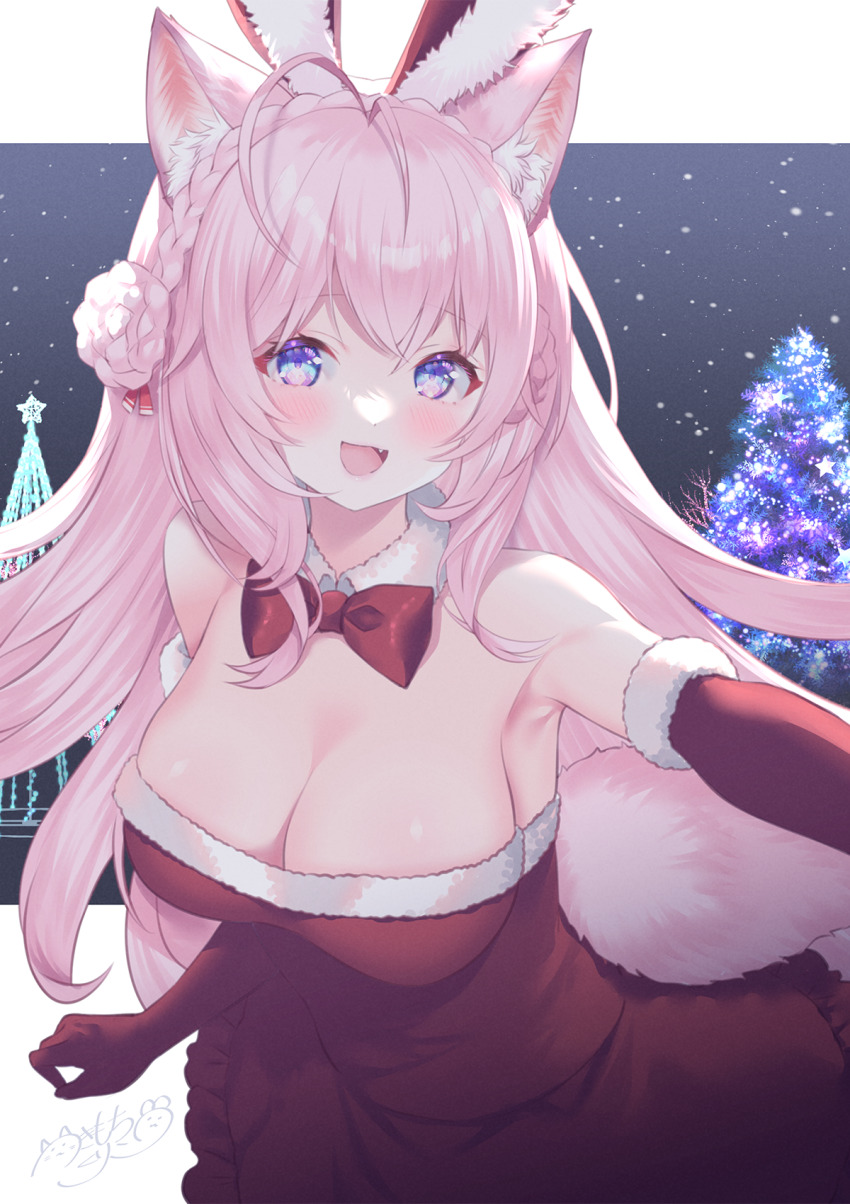 1girl animal_ear_fluff animal_ears bare_shoulders bow bowtie braid braided_bun breasts christmas cleavage commentary_request crown_braid double_bun dress elbow_gloves fake_animal_ears frilled_dress frills fur-trimmed_dress fur-trimmed_gloves fur_trim gloves hair_bun hakui_koyori highres hololive long_hair medium_breasts pink_hair rabbit_ears red_bow red_bowtie red_dress red_gloves signature solo strapless strapless_dress tail tsukimochikuriko_(tsukimochi_k) very_long_hair virtual_youtuber