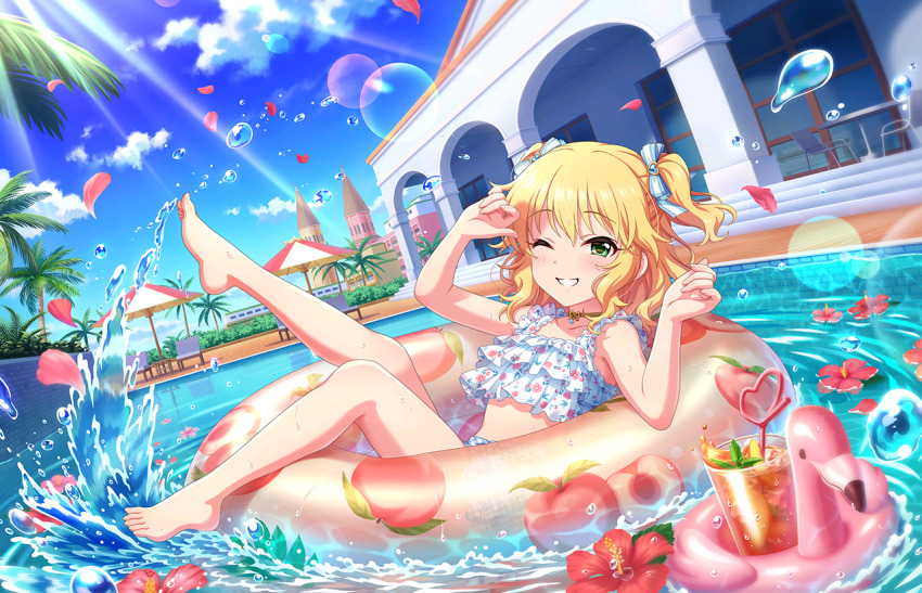 1girl beach_umbrella bikini bird blonde_hair building chair choker cloud cup drinking_glass drinking_straw feet flamingo flower game_cg green_eyes grin idolmaster idolmaster_cinderella_girls idolmaster_cinderella_girls_starlight_stage innertube official_art one_eye_closed palm_tree petals pool sakurai_momoka smile solo splashing stairs sunlight swim_ring swimsuit table toes tree twintails umbrella window