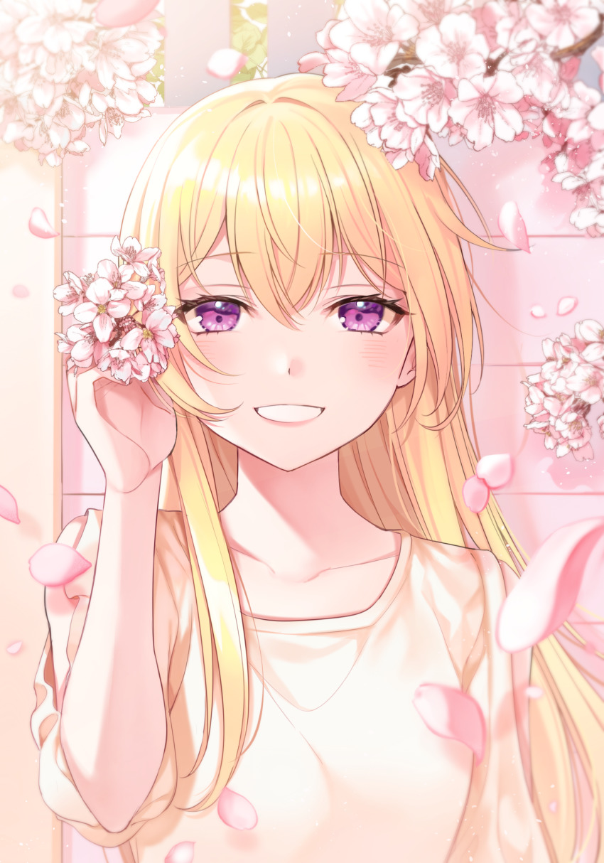 1girl bang_dream! blonde_hair blush branch breasts cherry_blossoms clothing_cutout collarbone commentary_request falling_petals fence flower grin hair_between_eyes hand_up highres holding holding_flower long_hair looking_at_viewer minori_(faddy) petals purple_eyes shirasagi_chisato shirt short_sleeves shoulder_cutout sidelocks small_breasts smile solo standing upper_body yellow_shirt