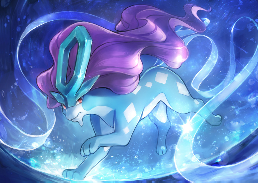 absurdres animal_focus closed_mouth creatures_(company) day_walker1117 full_body game_freak gen_2_pokemon highres legendary_pokemon long_hair nintendo no_humans pokemon pokemon_(creature) purple_hair red_eyes ribbon solo suicune very_long_hair water