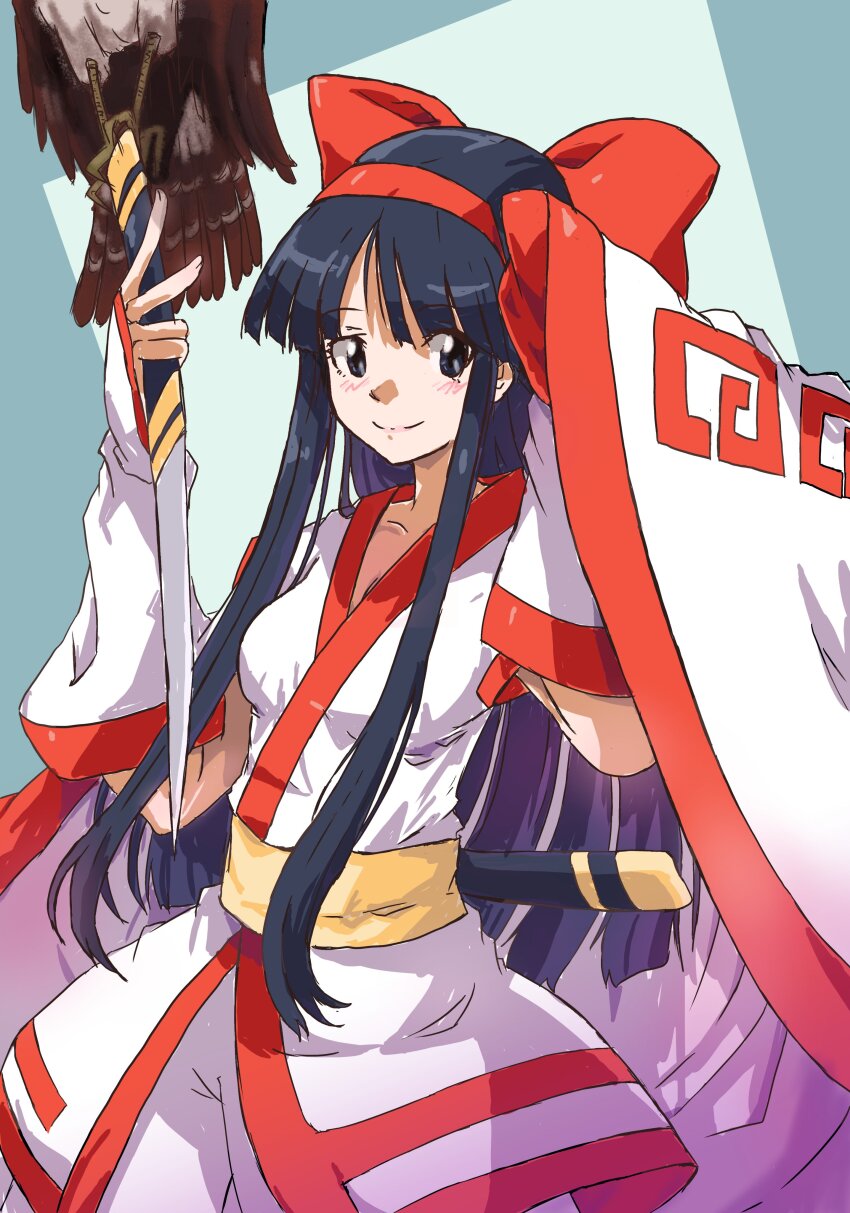 1girl absurdres ainu_clothes black_eyes black_hair breasts fingerless_gloves gloves hair_ribbon highres legs long_hair looking_at_viewer mamahaha medium_breasts nakoruru pants ribbon samurai_spirits smile snk solo the_king_of_fighters thighs weapon