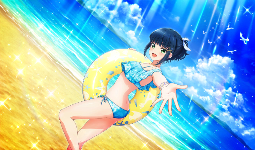 1girl :d beach bikini bird black_hair blue_bikini blunt_bangs bow cinderella_series cloud cumulonimbus_cloud facing_to_the_side feet_out_of_frame floral_print_bikini frilled_bikini frills from_side game_cg green_eyes hachigatsu_no_cinderella_nine hair_bow hair_ornament hairclip high_ponytail highres holding holding_swim_ring innertube lens_flare light_particles light_rays looking_at_viewer mountainous_horizon non-web_source ocean official_alternate_hairstyle official_art open_mouth outdoors reaching reaching_towards_viewer seagull short_hair side-tie_bikini_bottom sky smile solo sparkle standing standing_on_one_leg sunbeam sunlight suzuki_waka swim_ring swimsuit white_bow