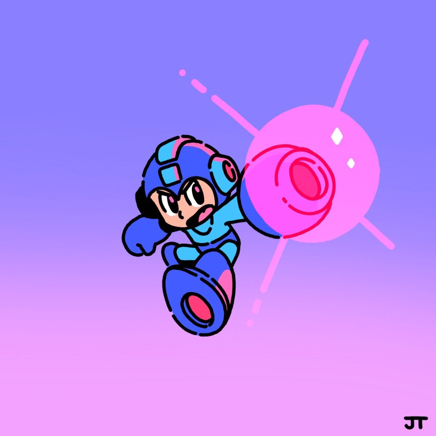 1boy arm_cannon blue_bodysuit blue_helmet bodysuit chibi chibi_only commentary english_commentary full_body gradient_background helmet highres james_turner looking_at_viewer male_focus mega_man_(character) mega_man_(classic) mega_man_(series) open_mouth powering_up robot signature simple_background solo weapon