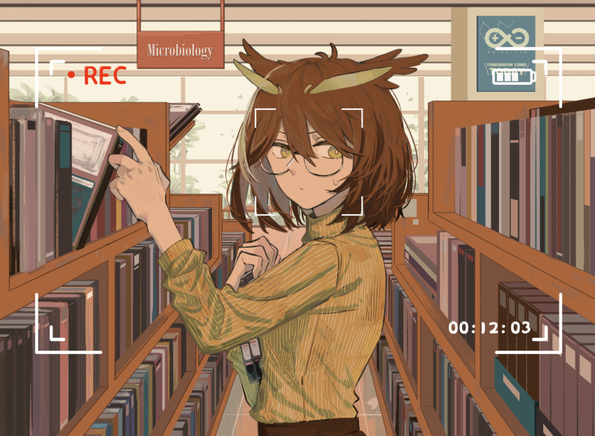 1girl arknights bad_id bad_pixiv_id book bookshelf brown_hair english_text engrish_text feather_hair frown glasses green_eyes highres holding holding_book indoors library looking_at_viewer orange_sweater ranguage recording rhine_lab_logo short_hair silence_(arknights) solo striped_clothes striped_sweater sweater tile_floor tiles upper_body viewfinder window zy_(zyyyyyyy9)