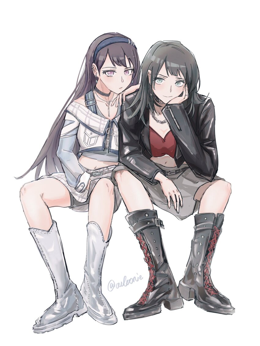 2girls bang_dream! bang_dream!_it&#039;s_mygo!!!!! black_choker black_footwear black_hair black_jacket blue_eyes blue_hairband blush boots brown_hair chinese_commentary choker closed_mouth commentary_request ear_piercing earrings grey_skirt hairband highres invisible_chair jacket jewelry leaning_on_person long_hair long_sleeves looking_at_viewer midriff multiple_girls navel necklace ouou10267778 piercing purple_eyes red_shirt ring shiina_taki shirt simple_background sitting skirt twitter_username white_background white_footwear white_jacket white_skirt yahata_umiri