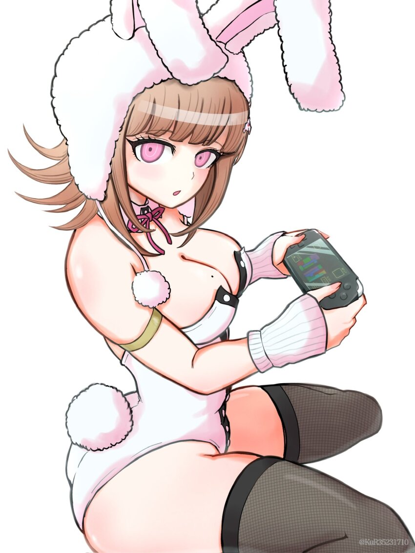 1girl animal_ears animal_hood aruke_(gter7727) black_thighhighs breasts cleavage danganronpa_(series) danganronpa_2:_goodbye_despair fake_animal_ears fishnet_thighhighs fishnets galaga handheld_game_console highres holding holding_handheld_game_console hood large_breasts leotard medium_hair mole mole_on_breast nanami_chiaki pink_eyes playboy_bunny rabbit_ears rabbit_hood strapless strapless_leotard thighhighs white_leotard