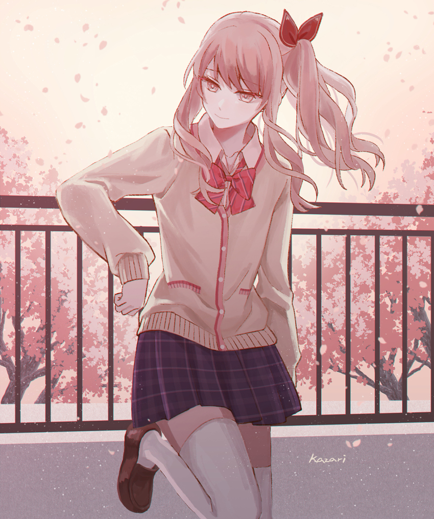 1other against_railing akiyama_mizuki artist_name bow bowtie brown_footwear cardigan cherry_blossoms closed_mouth collarbone collared_shirt day elbow_rest falling_petals hair_bow hair_ornament highres kazari_(kazaliecho) loafers long_hair long_sleeves looking_away open_collar outdoors petals pink_eyes pink_hair pink_theme plaid_clothes plaid_skirt pleated_skirt pocket project_sekai purple_skirt railing red_bow red_bowtie red_trim romaji_text school_uniform shirt shoes side_ponytail skirt solo striped_bow striped_bowtie striped_clothes thighhighs tree wavy_hair white_thighhighs yellow_cardigan