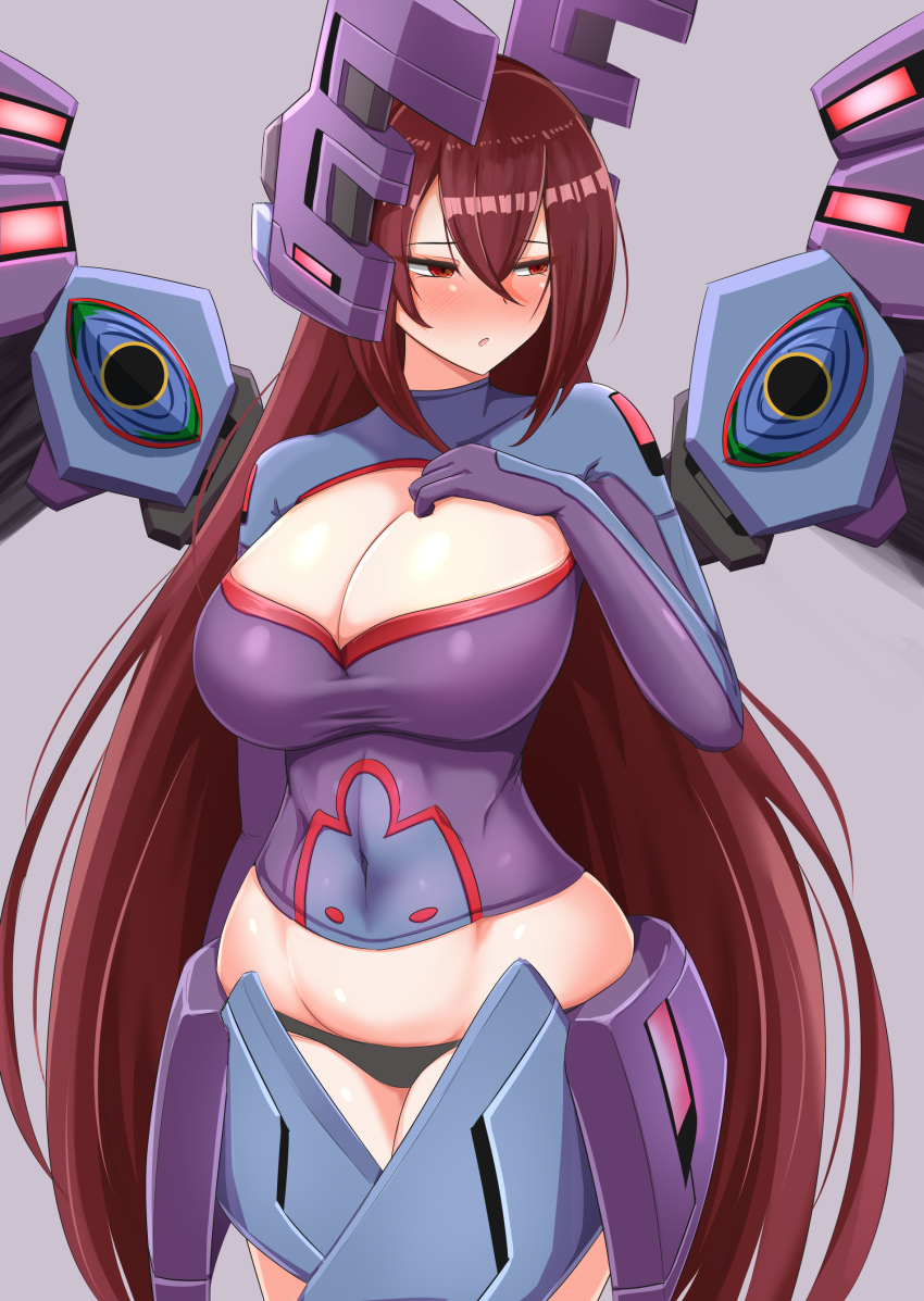 1girl :o absurdres black_panties blush breasts brown_eyes brown_hair cleavage cosmic_break embarrassed hand_on_own_chest headgear highres itntn kisrill large_breasts long_hair mecha_musume mechanical_wings panties red_eyes red_hair skin_tight underwear very_long_hair wings