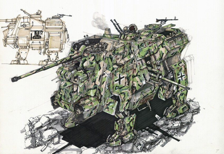 absurdres alternate_universe balkenkreuz camouflage cannon chenlongque commentary comparison concept_art cross english_commentary germany gun highres light machine_gun machinery mecha military military_vehicle multiple_views original robot scan science_fiction sketch the_man_in_the_high_castle traditional_media turret walker_(robot) weapon wehrmacht wolfenstein_(series) world_war_ii