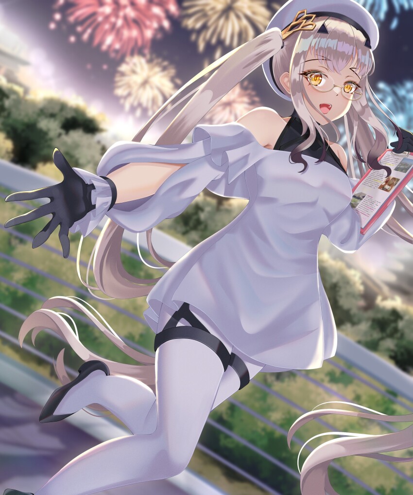 1girl absurdres bag bare_shoulders beret black_gloves blush bracelet breasts dress fate/grand_order fate_(series) fireworks forked_eyebrows glasses gloves hat highres jewelry long_hair long_sleeves looking_at_viewer melusine_(exhibition_attire)_(fate) melusine_(fate) night night_sky off_shoulder open_mouth pantyhose raji_(largesaint2210) shopping_bag sidelocks sky small_breasts smile solo twintails white_dress white_hair white_hat white_pantyhose yellow_eyes