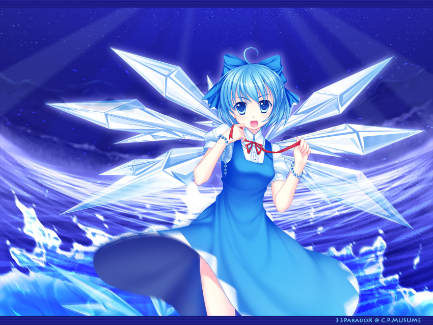 1girl 33paradox :3 ahoge bad_id bad_pixiv_id blue_eyes blue_hair bow bracelet cirno dress female_focus hair_bow highres jewelry matching_hair/eyes moonbeam moonlight night smile solo star_(symbol) touhou wings