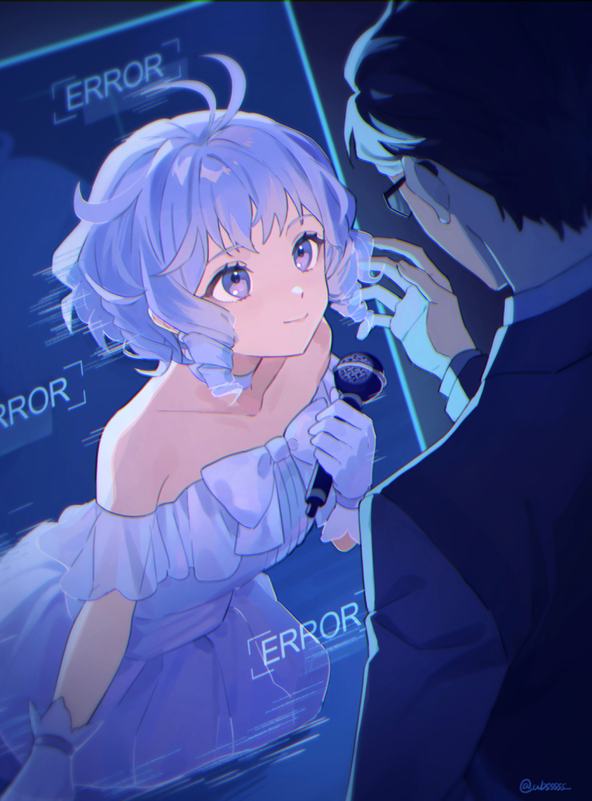 1boy 1girl bare_shoulders bow collarbone dress drill_hair error_message glasses gloves highres holding holding_microphone idol iida_tetsuya inaba_miyuki juusan_kihei_bouei_ken looking_at_another microphone off-shoulder_dress off_shoulder pankona_(ubsssss) purple_eyes purple_hair reaching_towards_another strapless strapless_dress