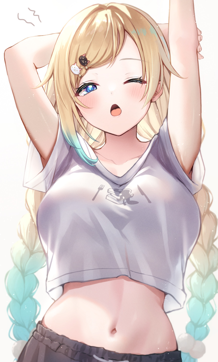 1girl ;o aizawa_ema arm_behind_head armpits arms_behind_head arms_up blonde_hair blue_eyes braid breasts crop_top crop_top_overhang gradient_hair hair_ornament hairclip highres large_breasts long_hair looking_at_viewer low_twintails midriff multicolored_hair navel one_eye_closed open_mouth reityana see-through_silhouette shirt short_sleeves solo stomach stretching twin_braids twintails upper_body very_long_hair virtual_youtuber vspo! white_shirt