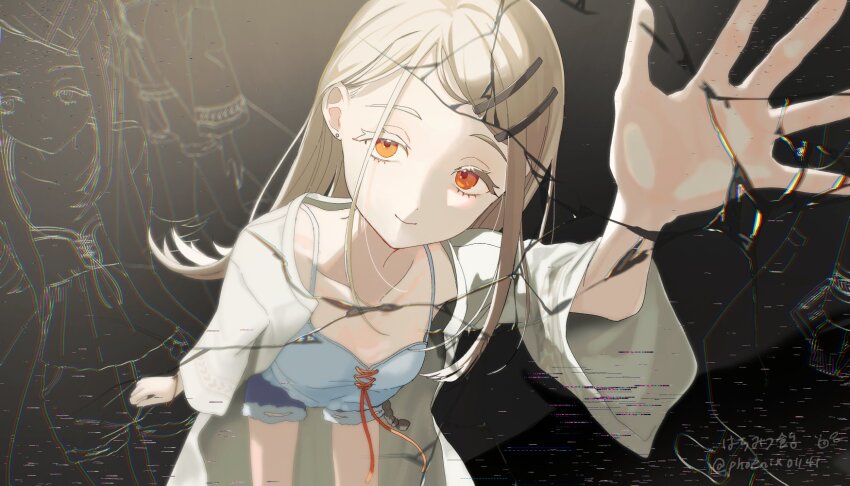 1girl blonde_hair camisole chromatic_aberration collarbone colored_eyelashes commentary commission crack cracked_screen denim denim_shorts earrings flipped_hair foreshortening fourth_wall gakuen_idolmaster hachimitsu_ame_(phoenix) hair_ornament hairclip highres idolmaster jewelry long_hair looking_at_viewer orange_eyes robe rope_belt shinosawa_hiro shorts skeb_commission skinny smile solo static stud_earrings twitter_username white_camisole white_robe