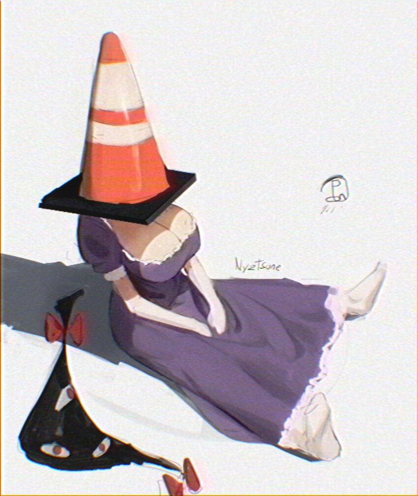 1girl among_us breasts cleavage crewmate_(among_us) dress full_body gap_(touhou) highres large_breasts purple_dress short_sleeves signature sitting solo touhou traffic_cone yakumo_yukari zhykyon