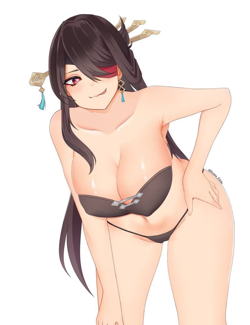 1girl :p absurdres bandeau beidou_(genshin_impact) bent_over bikini black_bra black_panties bra breasts brown_hair cameltoe cleavage earrings enz.z eyepatch genshin_impact hair_ornament hand_on_own_hip heart heart-shaped_pupils highres it jewelry large_breasts long_hair looking_at_viewer navel panties red_eyes solo strapless strapless_bikini strapless_bra symbol-shaped_pupils tongue tongue_out underwear
