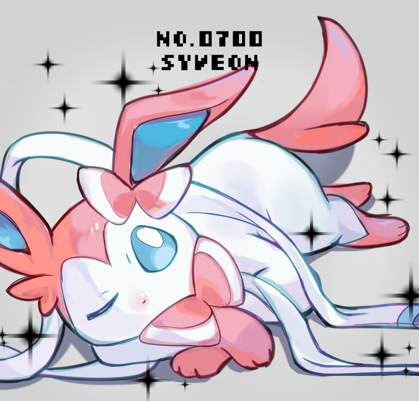 absurdres animal_focus bad_tag blue_eyes bow bright_pupils commentary_request creatures_(company) game_freak gen_6_pokemon gfge4382 highres lying nintendo no_humans one_eye_closed pokemon pokemon_(creature) ribbon simple_background solo sylveon white_pupils