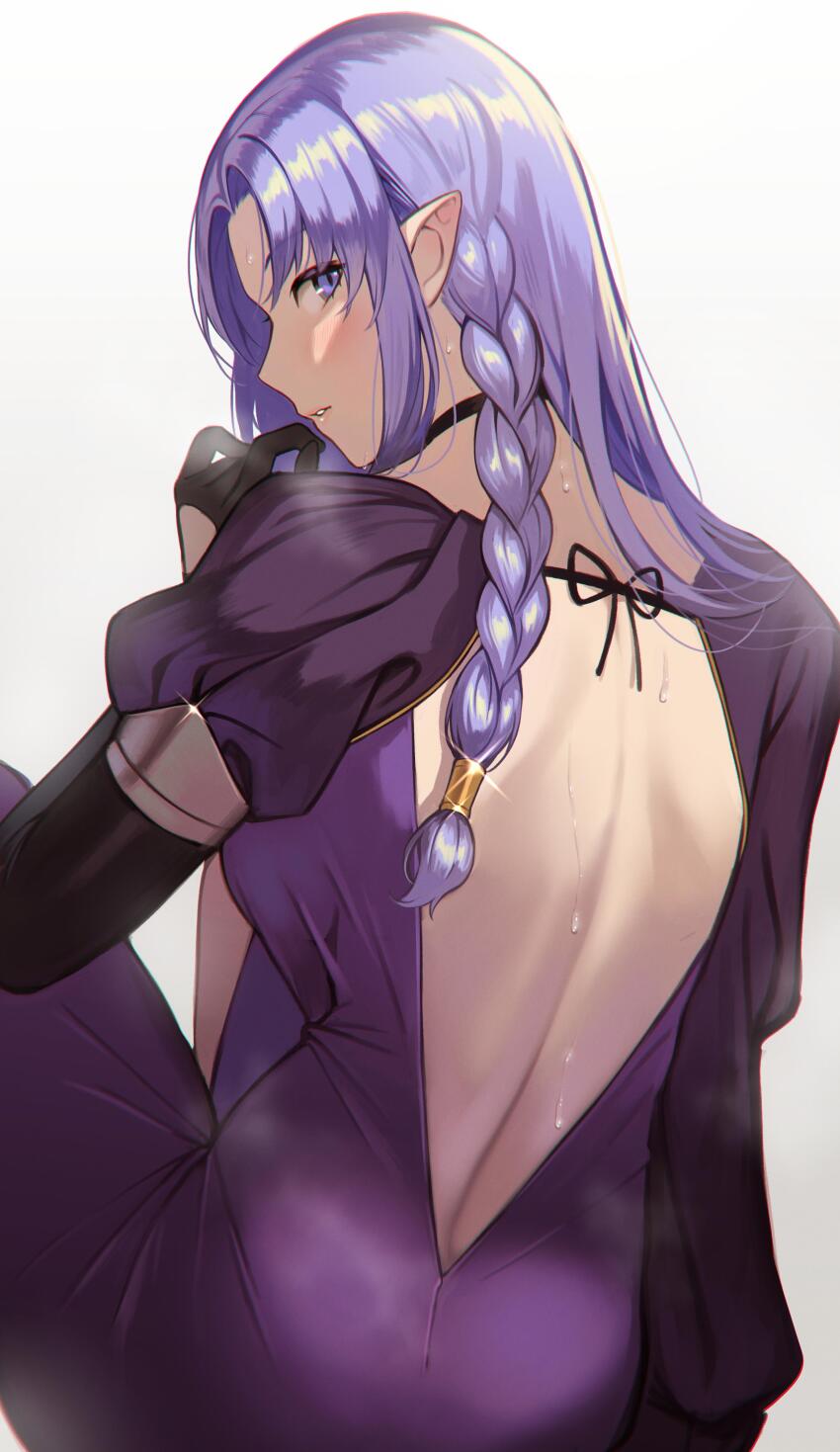 1girl absurdres ass back backless_dress backless_outfit black_gloves braid choker commentary deras dress english_commentary fate/grand_order fate/stay_night fate_(series) from_behind gloves highres long_hair looking_at_viewer looking_back medea_(fate) pointy_ears purple_dress purple_eyes second-party_source side_braid sitting solo sweat white_background