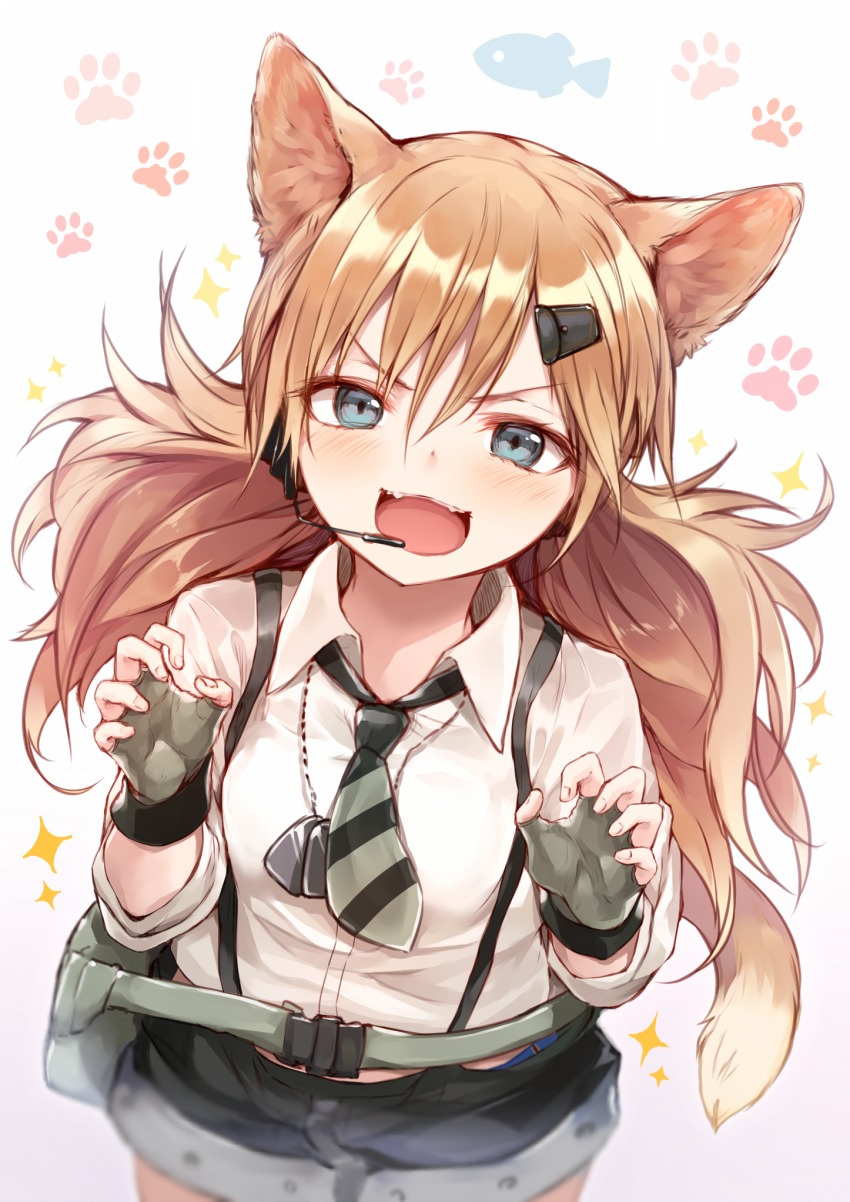 1girl :d animal_ears black_shorts blue_eyes blush breasts cat_ears cat_girl cat_tail collared_shirt commentary_request dog_tags fangs female_focus fingerless_gloves fingernails girls&#039;_frontline gloves gradient_background green_gloves hair_between_eyes hair_ornament hairclip headset highres idw_(girls&#039;_frontline) light_brown_hair long_hair looking_at_viewer open_mouth purple_background shirt short_shorts shorts small_breasts smile solo sparkle sukemyon suspender_shorts suspenders tail very_long_hair white_background white_shirt