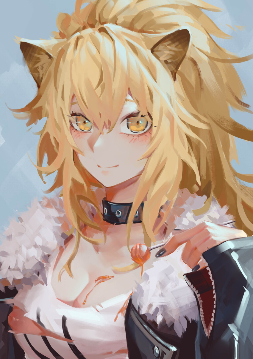 1girl absurdres animal_ears arknights black_jacket blonde_hair blush breasts candy choker cleavage dripping food fur_trim hair_between_eyes highres holding holding_candy holding_food holding_lollipop jacket large_breasts lion_ears lion_girl lollipop long_hair looking_at_viewer nail_polish nipple_slip nipples piao_miao ponytail shirt siege_(arknights) solo torn_clothes torn_shirt yellow_eyes