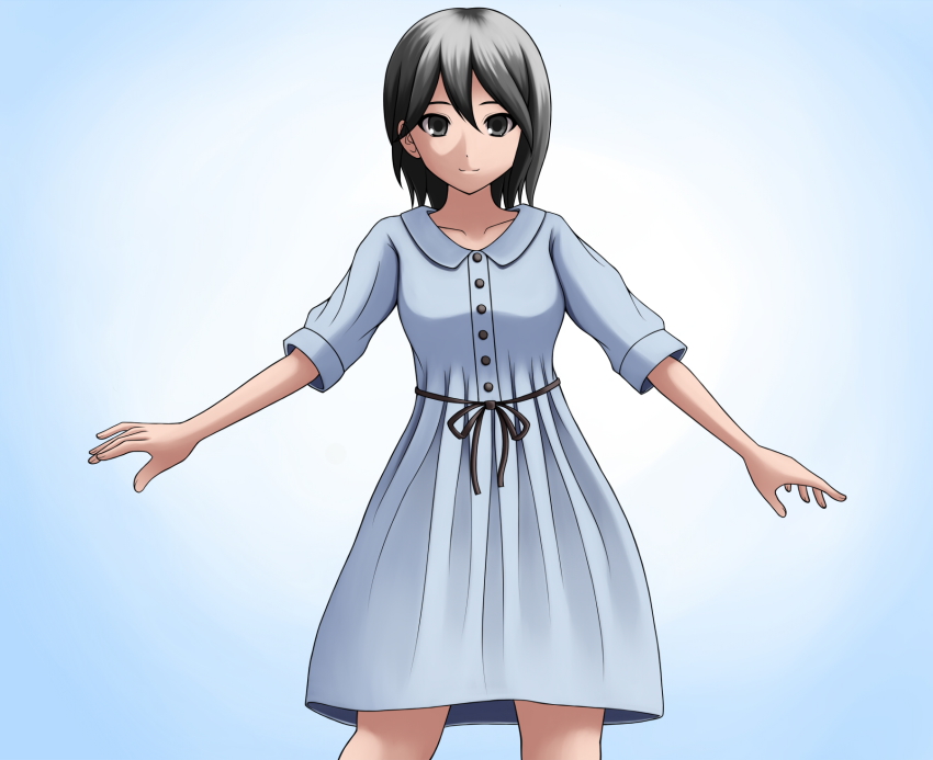 10s black_eyes black_hair blue_background bob_cut cowboy_shot dress gradient_background highres inaba_himeko kokoro_connect light_smile prog school_uniform short_hair solo