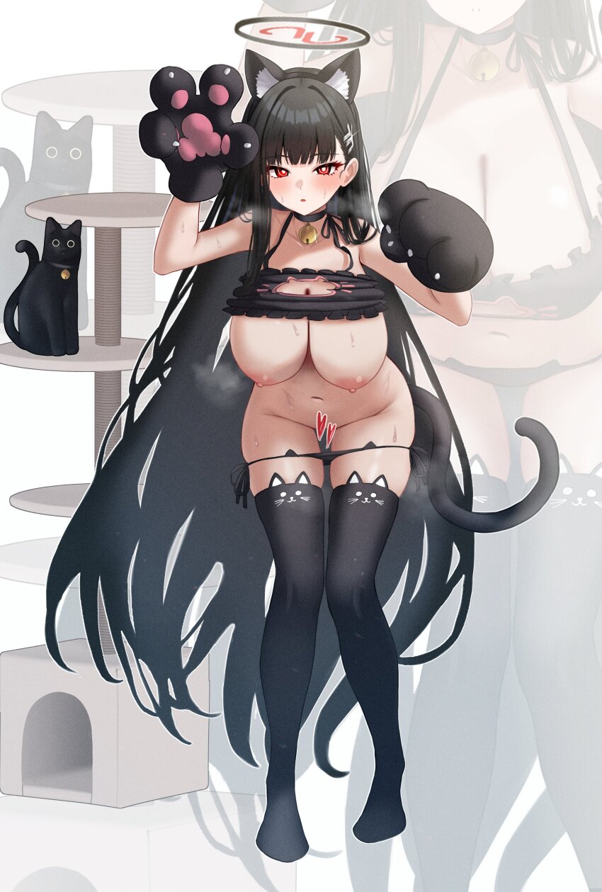 1girl absurdres alternate_costume animal_ears animal_hands arched_back bare_shoulders bell black_bra black_cat black_halo black_panties black_thighhighs blue_archive bra bra_lift breasts cat cat_ear_panties cat_ears cat_house cat_lingerie cat_tail censored full_body gloves hair_ornament hairclip halo hanging_breasts heart heart_censor highres hime_cut huge_breasts long_hair meme_attire mizikayo navel neck_bell nipples no_shoes panties panty_pull paw_gloves red_eyes rio_(blue_archive) stomach sweat tail thighhighs thighs underwear very_long_hair white_background zoom_layer