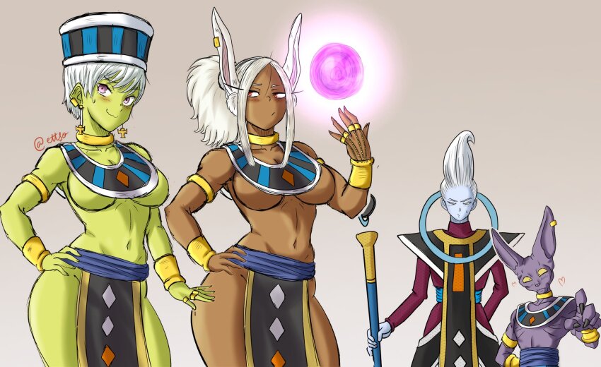 2boys 2girls beerus blush boku_no_hero_academia breasts cheelai colored_skin colorized crossover curvy dark-skinned_female dark_skin dragon_ball dragon_ball_super dragon_ball_super_broly ettso god_of_destruction green_skin hand_on_own_hip highres iron_alchemist jewelry mirko multiple_boys multiple_girls navel nervous_smile rabbit_ears smile third-party_edit twitter_username whis white_hair wide_hips