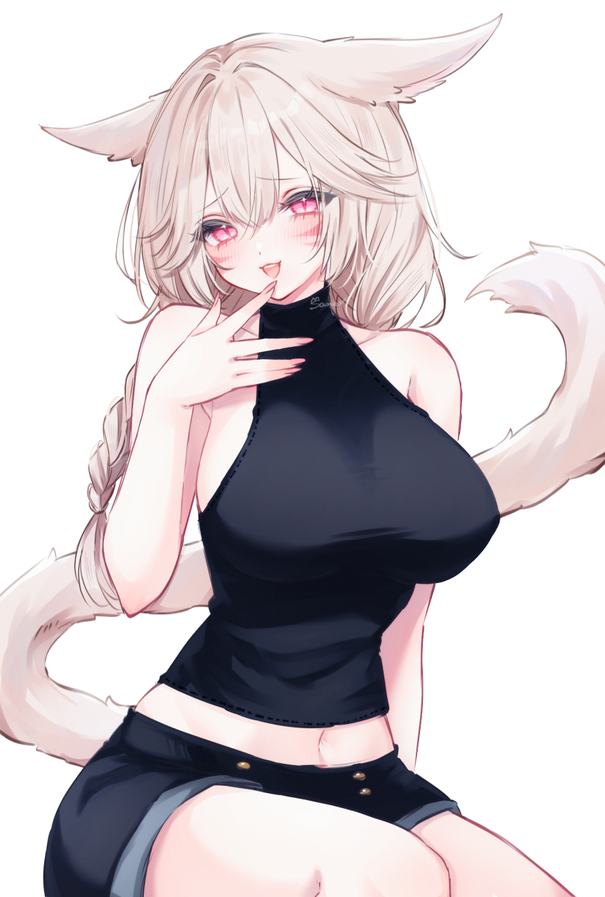 1girl absurdres animal_ears artist_name bare_shoulders black_shirt black_shorts braid breasts cat_ears cat_girl cat_tail facial_mark final_fantasy final_fantasy_xiv highres large_breasts long_hair midriff miqo&#039;te navel red_eyes sana_(sanamaru_0w0) shirt shorts signature sitting sleeveless sleeveless_shirt tail thighs twin_braids warrior_of_light_(ff14) whisker_markings