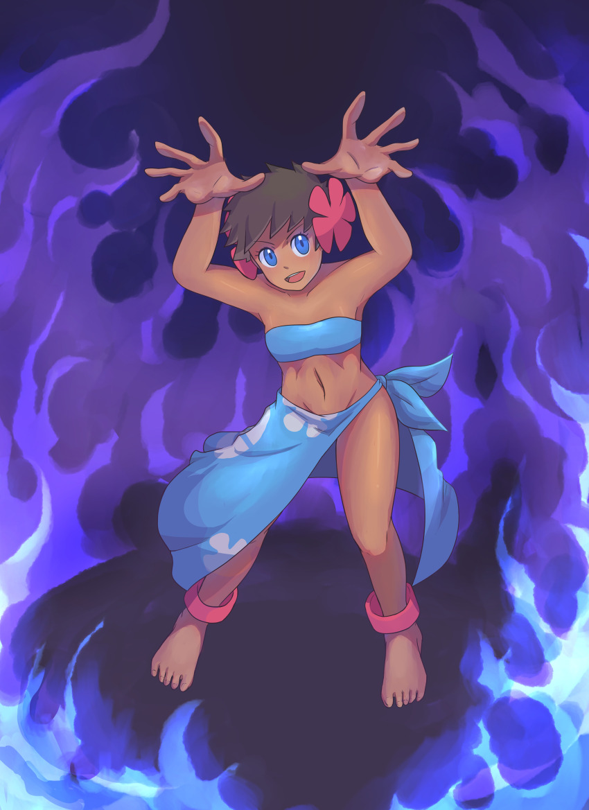 1girl absurdres anklet barefoot blue_eyes blue_fire blue_skirt bra breasts brown_hair creatures_(company) dark-skinned_female dark_skin fire flower game_freak highres jewelry looking_at_viewer nintendo nkmorker phoebe_(pokemon) pokemon pokemon_rse short_hair skirt small_breasts smile solo underwear