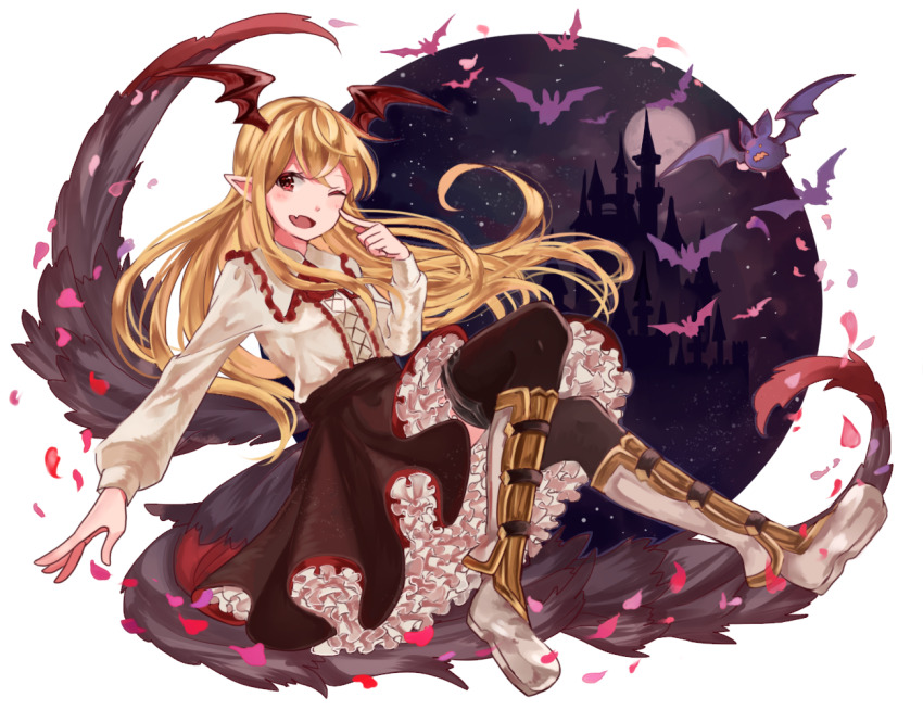 1girl ;d azaka_(rionrita) bat_(animal) bat_wings black_skirt black_thighhighs blonde_hair boots castle commentary_request fang full_body full_moon granblue_fantasy hand_up head_wings knee_boots long_hair long_sleeves looking_at_viewer moon night night_sky one_eye_closed open_mouth pointy_ears red_eyes shirt sidelocks skin_fang skirt sky smile solo thighhighs vampire vampy white_footwear white_shirt wings