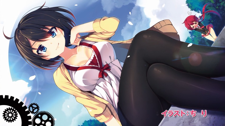 &gt;_&lt; 10s 2girls artist_name black_hair blazer blue_eyes blush breasts cardigan casual chiri_(atlanta) cleavage covering_privates covering_crotch end_card closed_eyes jacket joukamachi_no_dandelion crossed_legs low_twintails multiple_girls non-web_source open_cardigan open_clothes open_mouth pantyhose petals red_hair sakurada_akane sakurada_kanade school_uniform skirt smile sweatdrop twintails