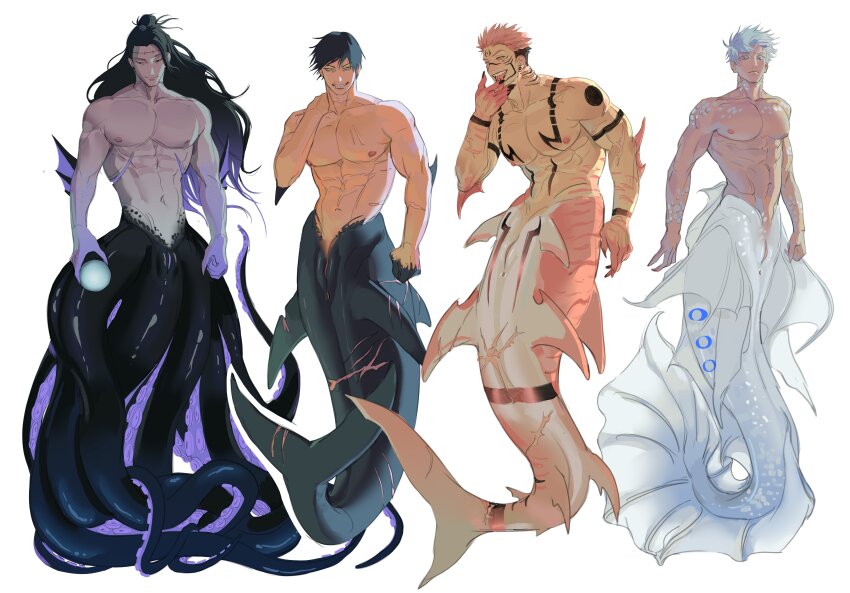 4boys abs absurdres arm_tattoo bara black_hair chest_tattoo collarbone extra_eyes facial_tattoo fins fish_tail forehead_tattoo full_body fushiguro_touji getou_suguru getou_suguru_(kenjaku) gojou_satoru grin hand_on_own_neck highres iba_(kcokaine) jujutsu_kaisen licking_own_finger long_hair looking_at_viewer male_focus merman monster_boy multiple_boys muscular muscular_male navel nipples pectorals pink_hair ryoumen_sukuna_(jujutsu_kaisen) scar scar_on_face scar_on_mouth short_hair simple_background smile stomach_tattoo tail tattoo teeth tongue tongue_out white_background white_hair