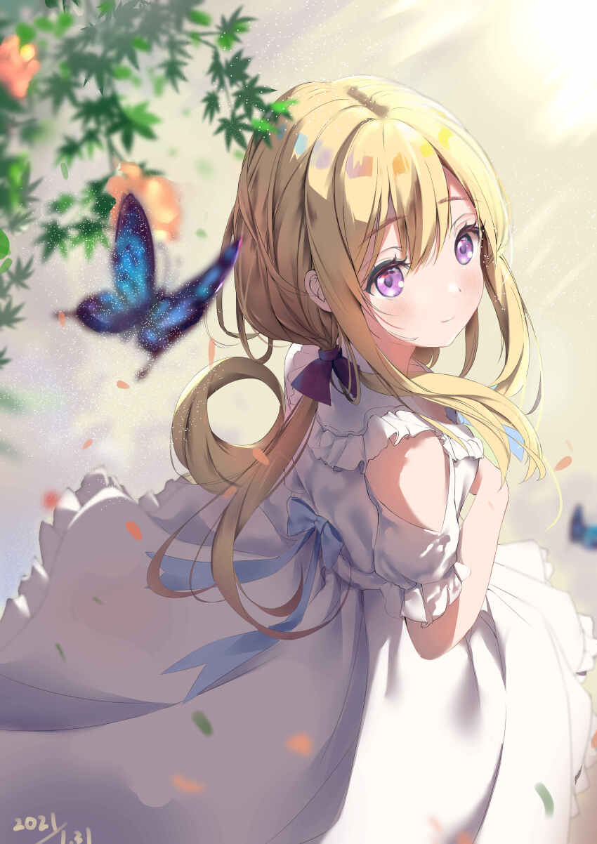 1girl absurdres blonde_hair blue_butterfly blurry blurry_foreground blush bow bug butterfly closed_mouth clothing_cutout dated day depth_of_field dress falling_leaves frilled_dress frilled_sleeves frills from_above hair_bow hand_up highres insect jiu_(pixiv36138474) jpeg_artifacts leaf light_smile long_hair looking_at_viewer looking_back looking_up low_twintails original outdoors purple_bow purple_eyes short_sleeves sidelocks solo standing twintails white_dress