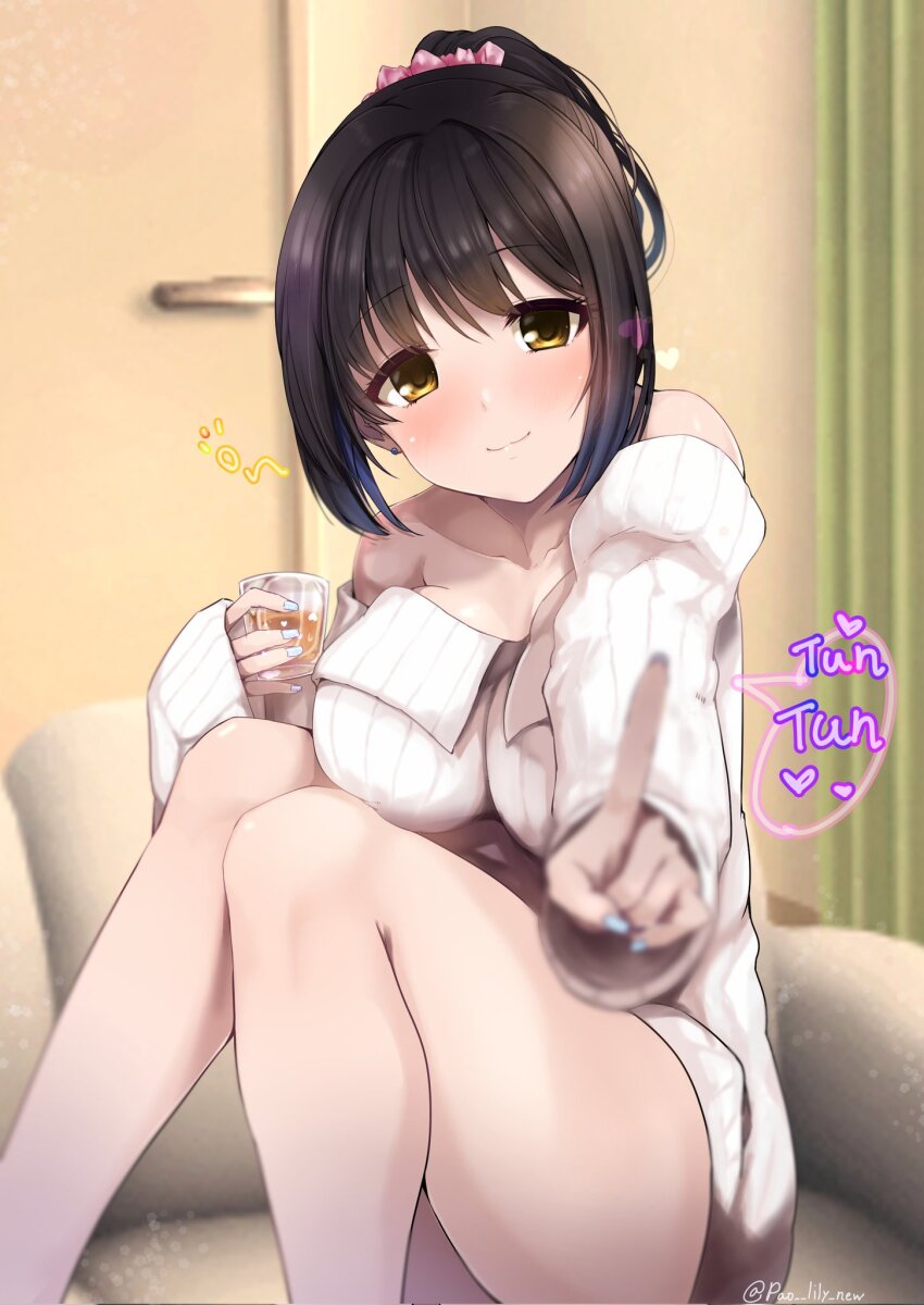 1girl alcohol bare_legs black_hair blush breasts corrupted_twitter_file cup drunk feet_out_of_frame fingernails highres holding holding_cup idolmaster idolmaster_cinderella_girls indoors knees_up large_breasts looking_at_viewer nail_polish off-shoulder_sweater off_shoulder pao_lily_game pointing pointing_at_viewer ponytail ribbed_sweater sitting smile solo squeans sweater takafuji_kako twitter_username white_sweater