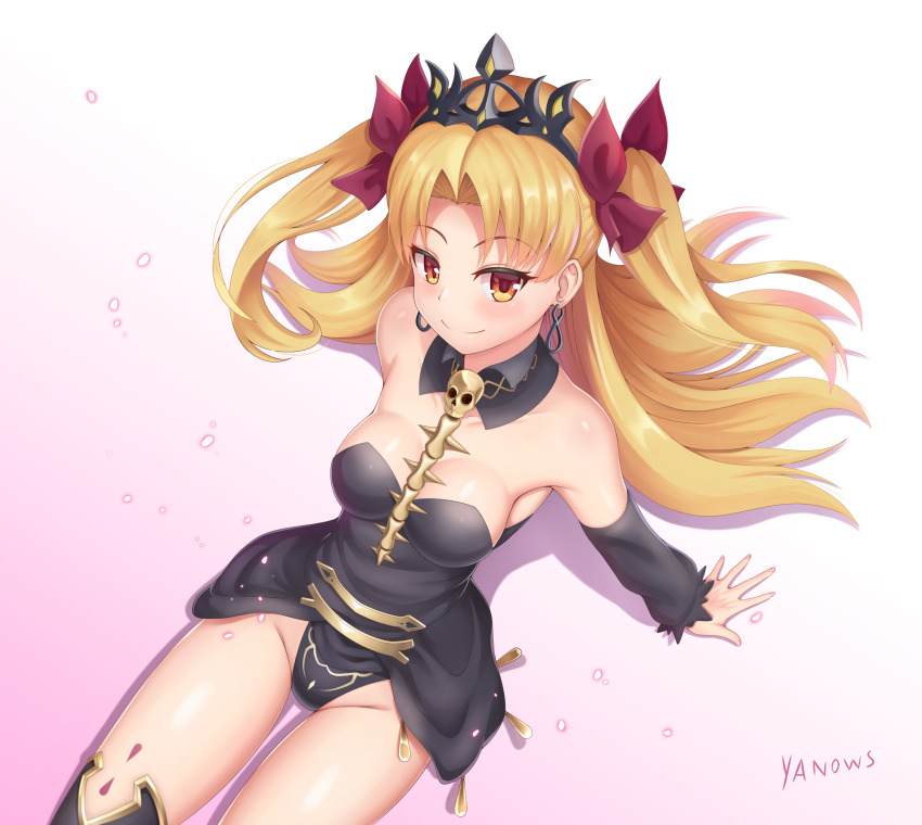 1girl absurdres black_dress black_thighhighs blonde_hair blush bow breasts collarbone commentary_request detached_acollar detached_collar dress earrings ereshkigal_(fate) fate/grand_order fate_(series) from_above hair_bow hair_ribbon highres jewelry long_hair looking_at_viewer parted_bangs red_eyes ribbon sitting skull smile solo thighhighs tiara two_side_up very_long_hair yanows