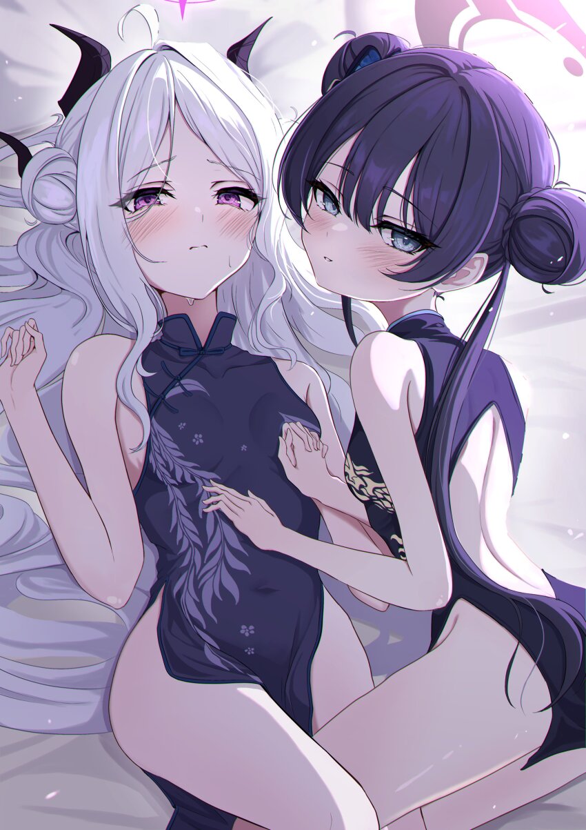 2girls absurdres ahoge alternate_costume ass back bed bed_sheet black_hair black_halo blue_archive blue_eyes blush breasts china_dress chinese_clothes closed_mouth commentary_request demon_horns dress hair_bun halo highres hina_(blue_archive) holding_hands horns kisaki_(blue_archive) long_hair looking_at_viewer multiple_girls no_panties no_wings on_bed purple_eyes small_breasts sweat tarako_(tarakopng) window