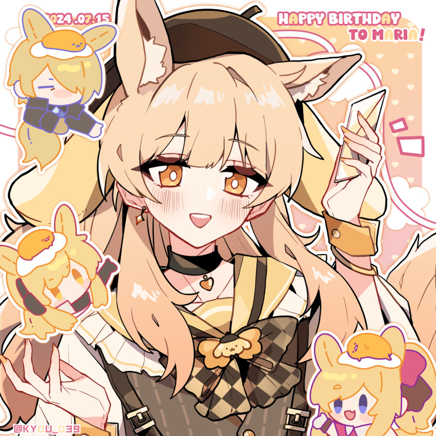 1boy 3girls :d alternate_costume animal_ear_fluff animal_ears arknights beret black_choker black_shirt blemishine_(arknights) blonde_hair blue_eyes bracelet brown_hat brown_shirt chibi choker closed_eyes collar commentary_request dated earrings fake_animal_ears floppy_ears hand_up hands_up happy_birthday hat highres holding holding_letter horse_ears horse_girl jewelry kyou_039 letter long_hair looking_at_viewer mlynar_(arknights) multiple_girls nearl_(arknights) notice_lines open_mouth orange_eyes pompompurin sanrio shirt smile solo_focus suspenders upper_body whislash_(arknights) wrist_cuffs yellow_nails