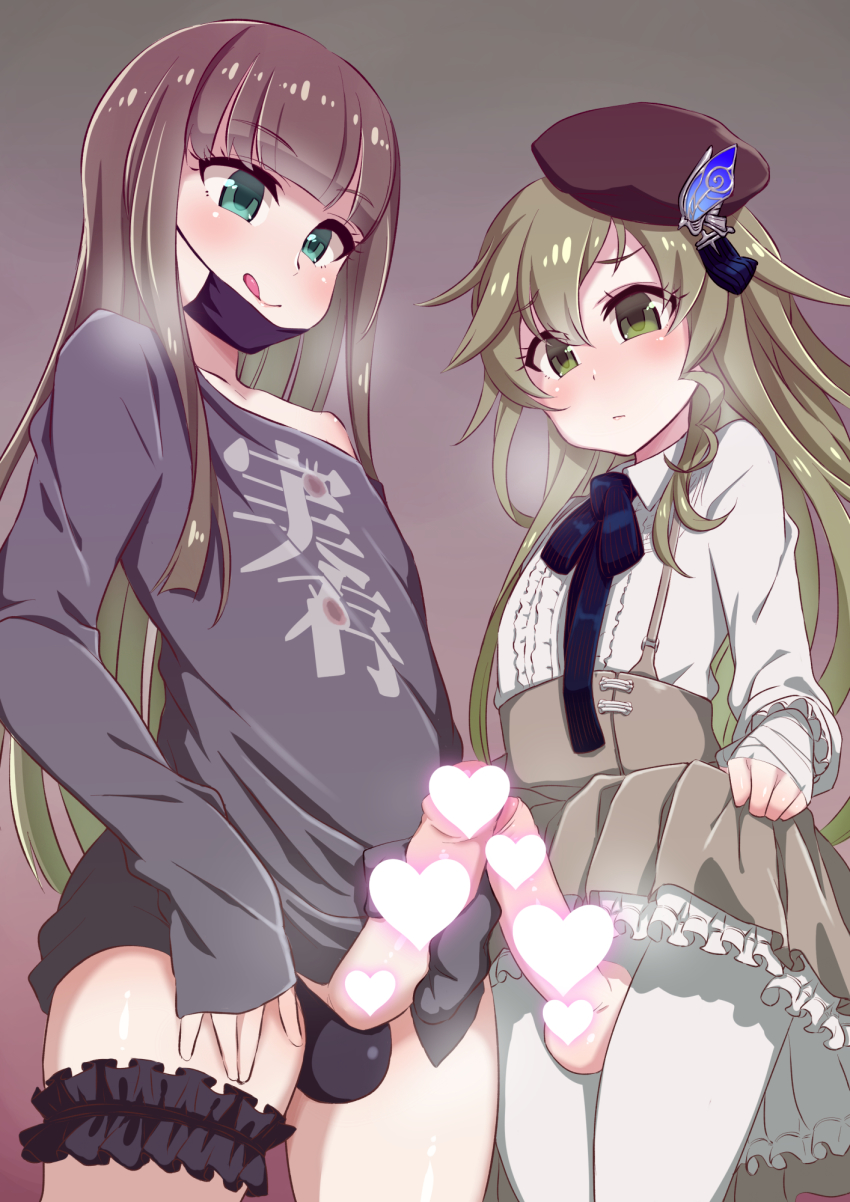 2boys :q black_panties black_shirt blue_eyes bridal_garter brown_hair censored center_frills clothes_lift clothes_writing crossdressing erection frilled_skirt frills frottage gradient_hair green_eyes green_hair gretel_(sinoalice) grey_skirt heart heart_censor high-waist_skirt highres konboi-eg lifting_own_clothes long_hair long_sleeves looking_down male_focus male_masturbation mask mask_pull masturbation mouth_mask multicolored_hair multiple_boys panties pantyhose penis penises_touching pinocchio_(sinoalice) shirt sinoalice skirt skirt_lift sleeves_past_fingers sleeves_past_wrists suspender_skirt suspenders testicles tongue tongue_out torn_clothes torn_legwear trap trap_on_trap underwear very_long_hair white_legwear white_shirt yaoi