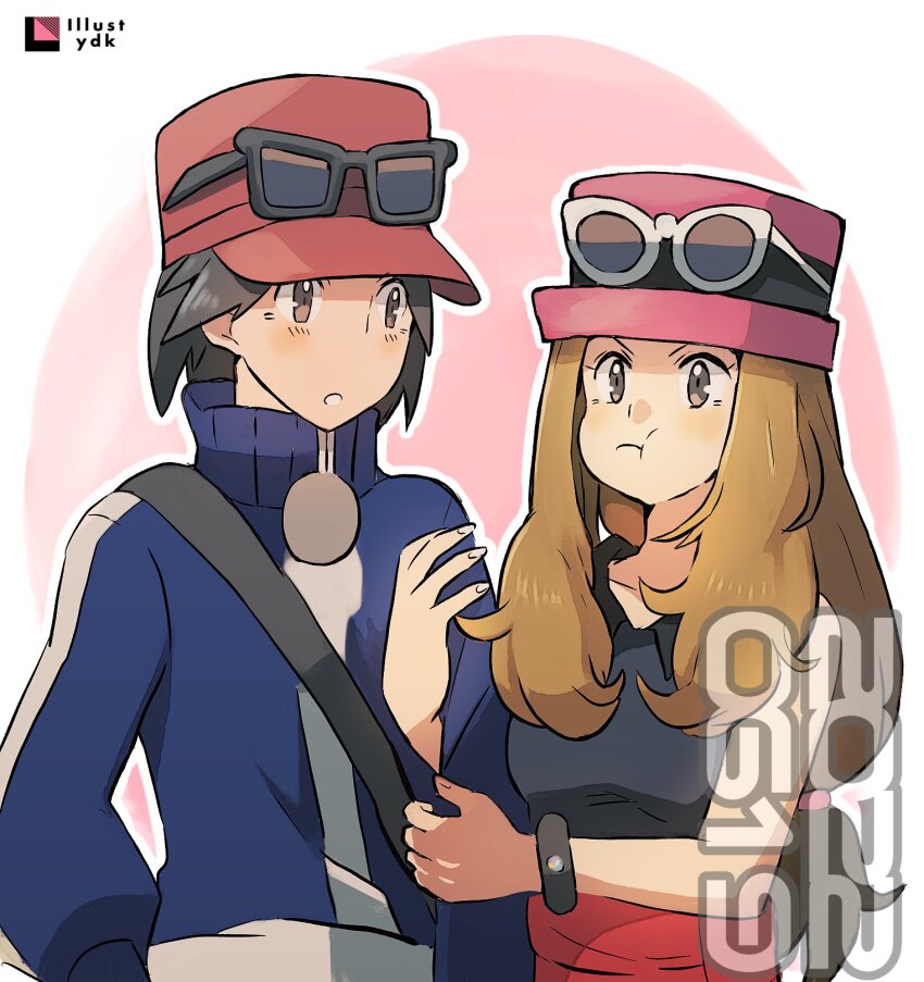 1boy 1girl arm_grab black_hair blue_jacket calem_(pokemon) creatures_(company) eyewear_on_headwear game_freak hat highres jacket light_blush light_brown_hair mega_ring nintendo outline pink_hat pokemon pokemon_xy pout red_hat serena_(pokemon) shirt sleeveless sleeveless_shirt sunglasses white_outline yadoki