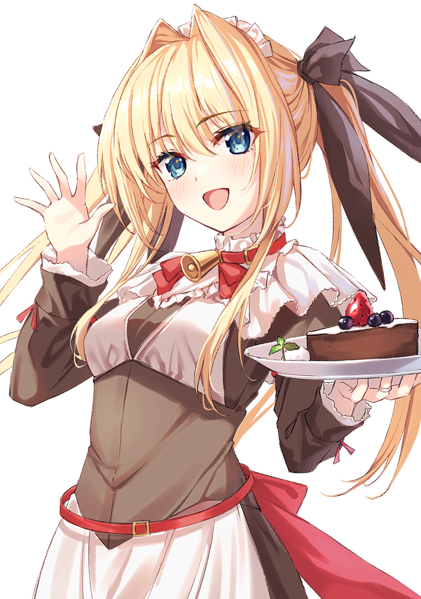 1girl :d apron bell black_dress black_ribbon blonde_hair blue_eyes blueberry blush cake cake_slice capelet commentary_request commission cowboy_shot cuckoo_ki dress eyelashes eyes_visible_through_hair food fruit hair_between_eyes hair_intakes hair_ribbon hands_up happy highres holding holding_tray katori_rea long_hair looking_at_viewer maid maid_headdress neck_bell open_mouth outstretched_hand parfait_chocolat_second_brew pixiv_commission ribbon sidelocks simple_background smile solo straight_hair strawberry tray twintails very_long_hair waist_apron waving white_apron white_background white_capelet