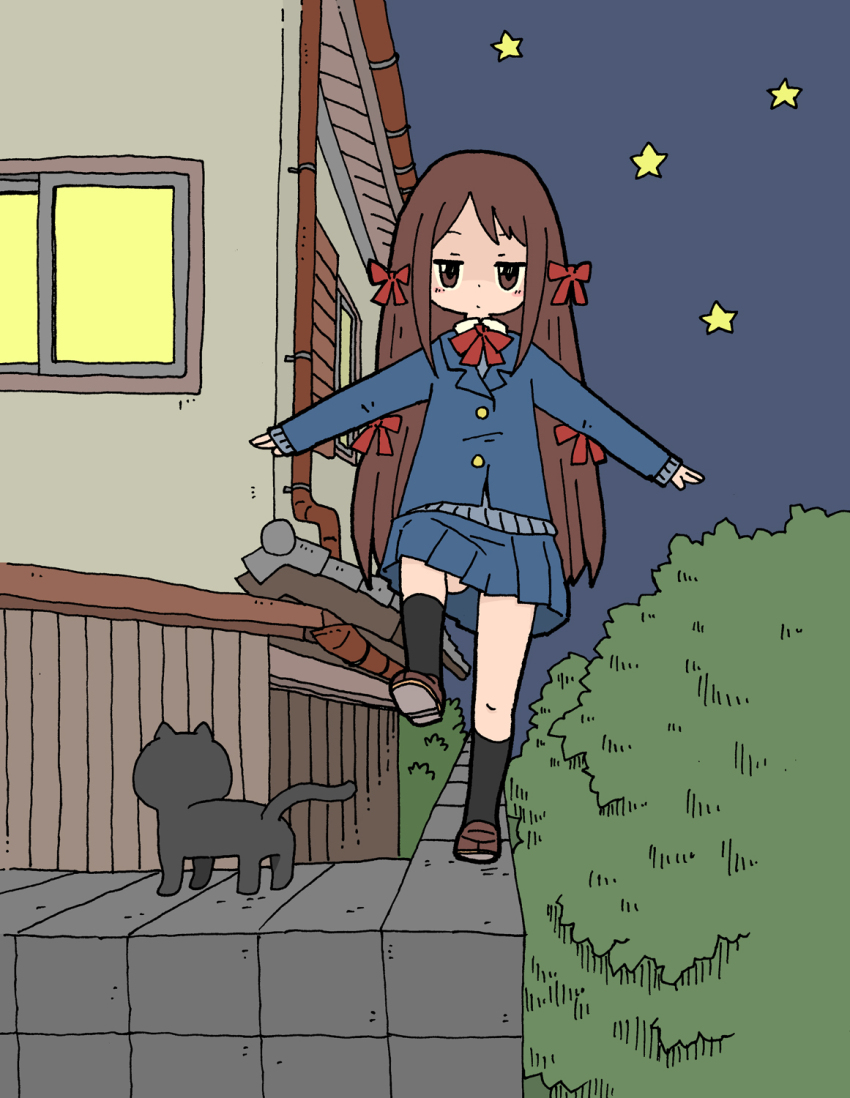 1girl animal black_cat black_socks blue_jacket blue_skirt blush_stickers bow brown_eyes brown_footwear brown_hair cat closed_mouth commentary_request hair_bow highres house jacket kneehighs loafers long_hair long_sleeves night night_sky on_wall original outdoors pleated_skirt red_bow school_uniform shoes skirt sky sleeves_past_wrists socks solo star_(symbol) very_long_hair walking window yukimoto_shuuji_(gurigura)