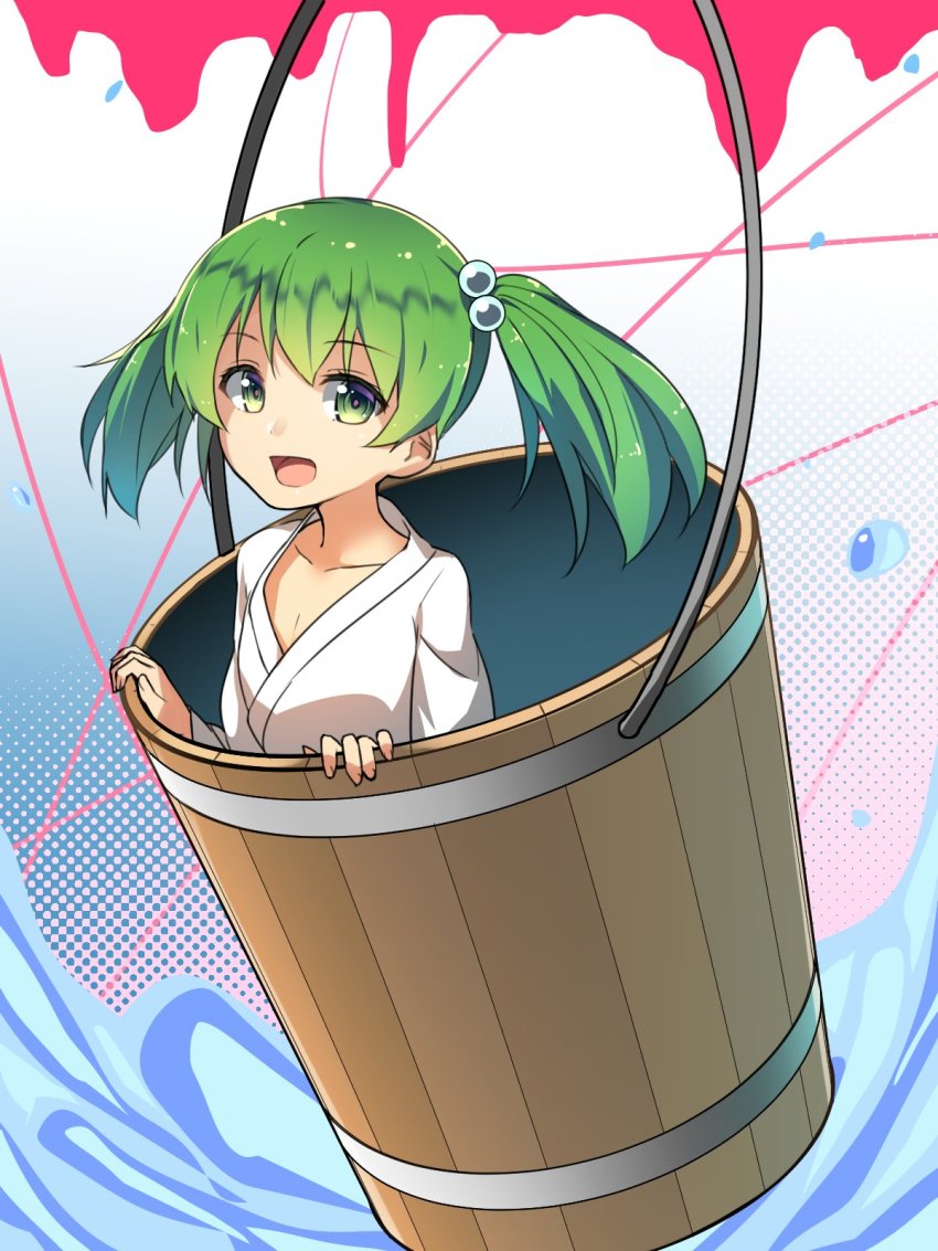 1girl bucket collarbone female_focus flat_chest green_eyes green_hair hair_bobbles hair_ornament halftone halftone_background highres in_bucket in_container japanese_clothes kimono kisume long_hair long_sleeves looking_at_viewer matching_hair/eyes ninnzinn short_hair solo splashing tareme touhou water wooden_bucket