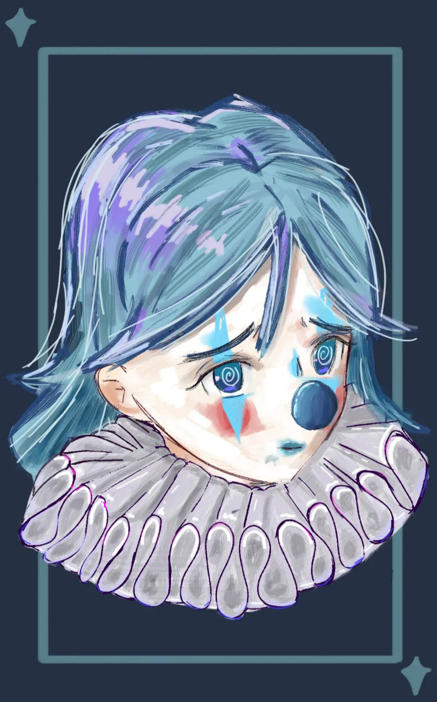 1girl blue_background blue_eyes blue_hair blue_lips clown clown_nose hair_between_eyes harlequin highres neck_ruff non-web_source original peachycatto sad short_hair simple_background white_facepaint