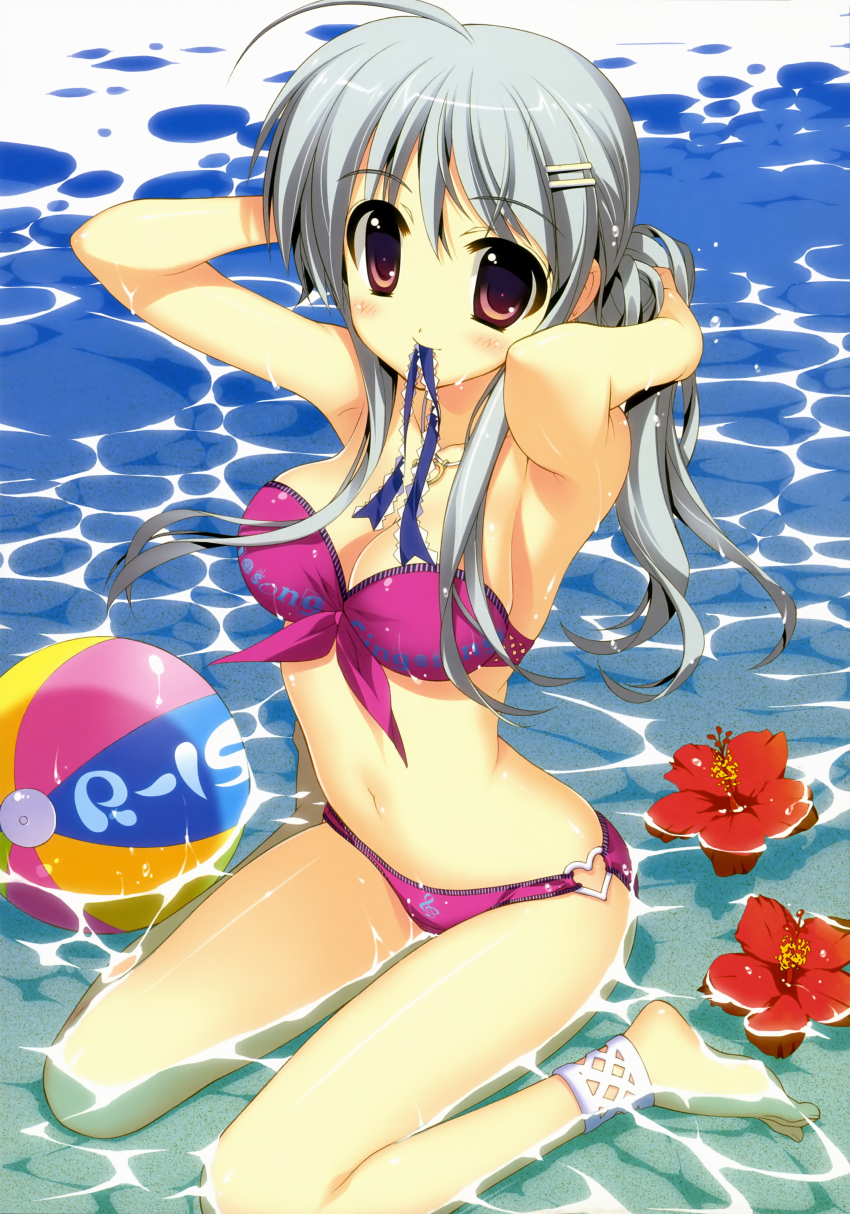 1girl absurdres adjusting_hair ankleband anklet arms_up ball bare_shoulders barefoot beachball bikini breasts cleavage female_focus flower fujima_takuya hair_ornament hairclip heart hibiscus highres jewelry mouth_hold navel necklace partially_submerged pink_bikini r-15_(series) red_eyes ribbon ribbon_in_mouth scan shiny_skin silver_hair sitting solo sonokoe_utae strapless swimsuit tying_hair wariza water