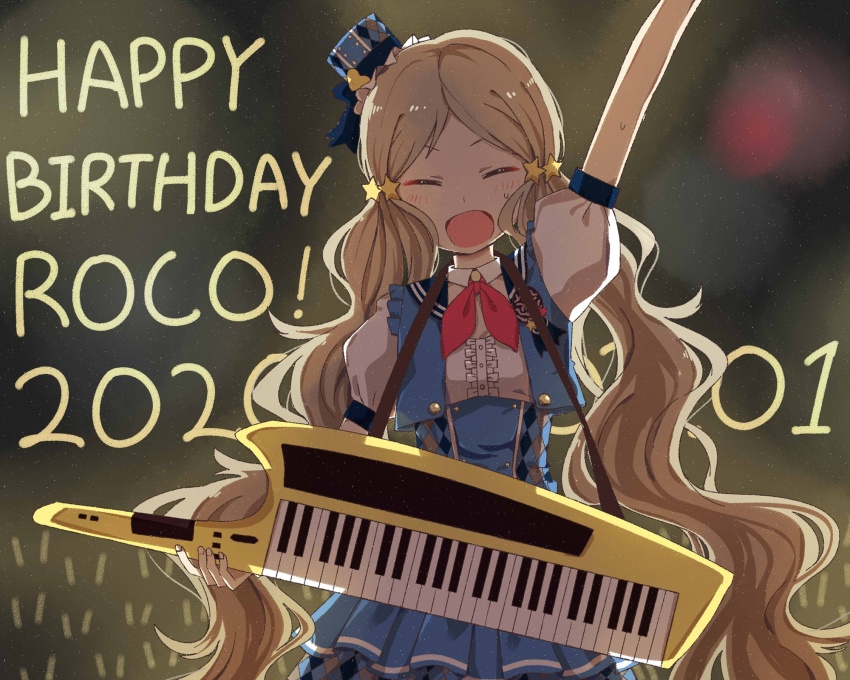 1girl arm_up billbung blue_dress blue_hat blue_vest closed_eyes collar cowboy_shot dated dress fluffy_hair grey_hair handa_roco happy_birthday hat highres idolmaster idolmaster_million_live! idolmaster_million_live!_theater_days instrument keytar light_blush long_hair mini_hat neck_ribbon official_alternate_costume open_mouth parted_bangs puffy_short_sleeves puffy_sleeves red_ribbon ribbon short_sleeves solo sweat tilted_headwear twintails very_long_hair vest wavy_hair white_collar