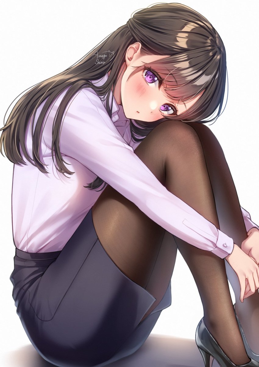 1girl :o amagi_shino artist_name black_footwear black_skirt blush brown_hair brown_pantyhose collared_shirt from_side hair_behind_ear high_heels highres hugging_own_legs knees_up long_hair long_sleeves looking_at_viewer office_lady original pantyhose pencil_skirt purple_eyes purple_shirt receptionist_girl_(amagi_shino) shirt shirt_tucked_in simple_background sitting skirt solo swept_bangs white_background