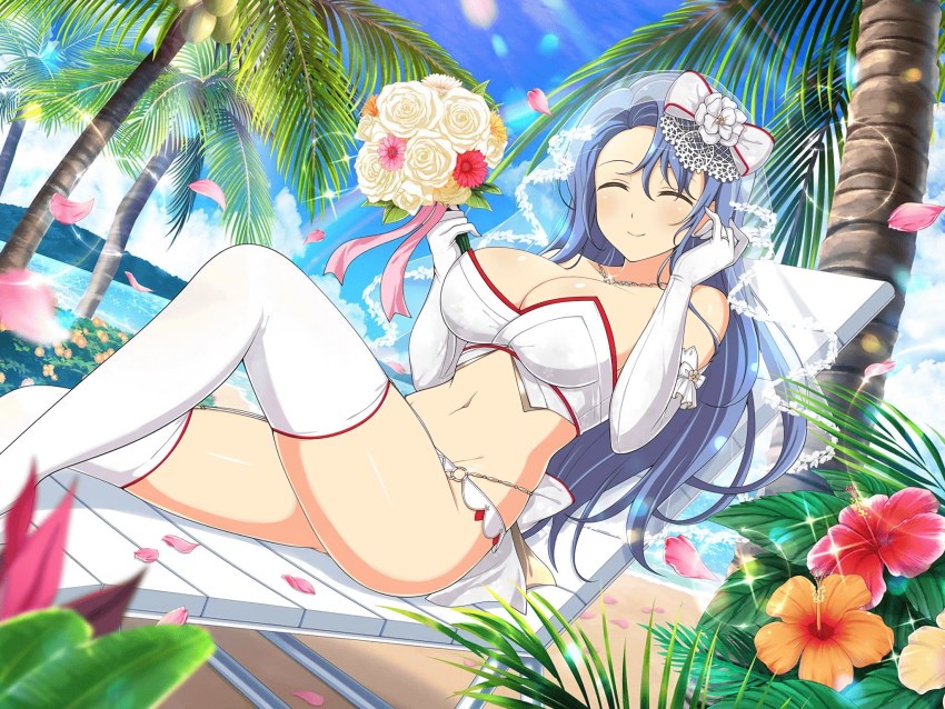 1girl blue_hair bouquet breasts bridal_gauntlets bridal_lingerie bride chair cleavage closed_eyes flower gloves highres lingerie nachi_(senran_kagura) palm_tree senran_kagura senran_kagura_new_link sitting smile tree underwear