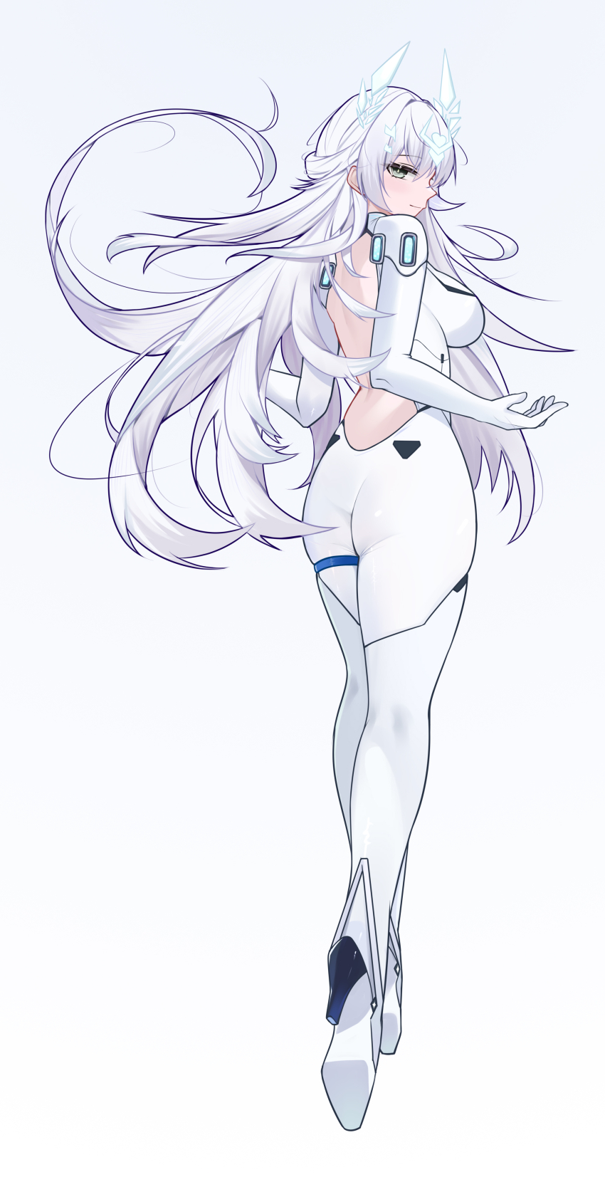 1girl absurdres ass azur_lane bare_back bodysuit breasts closed_mouth fargo_(azur_lane) from_behind full_body green_eyes high_heels highres impossible_bodysuit impossible_clothes large_breasts light_blush long_hair looking_at_viewer looking_back sideboob simple_background skindentation solo thigh_strap very_long_hair white_background white_bodysuit white_hair xin_sanmu