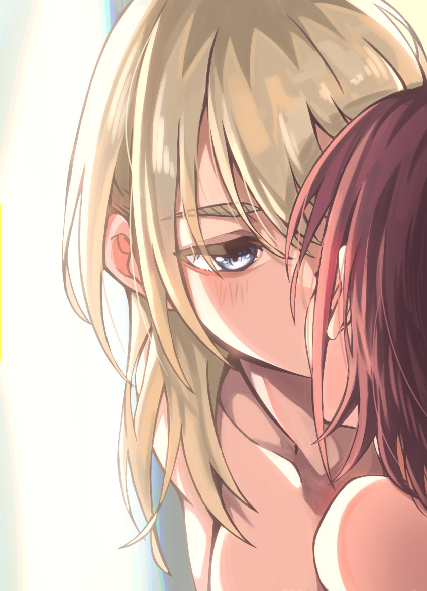 2girls backlighting blush brown_hair commentary doki_(oox3o) girls_band_cry grey_eyes highres iseri_nina kawaragi_momoka kiss light_brown_hair long_hair multiple_girls nude short_hair upper_body yuri